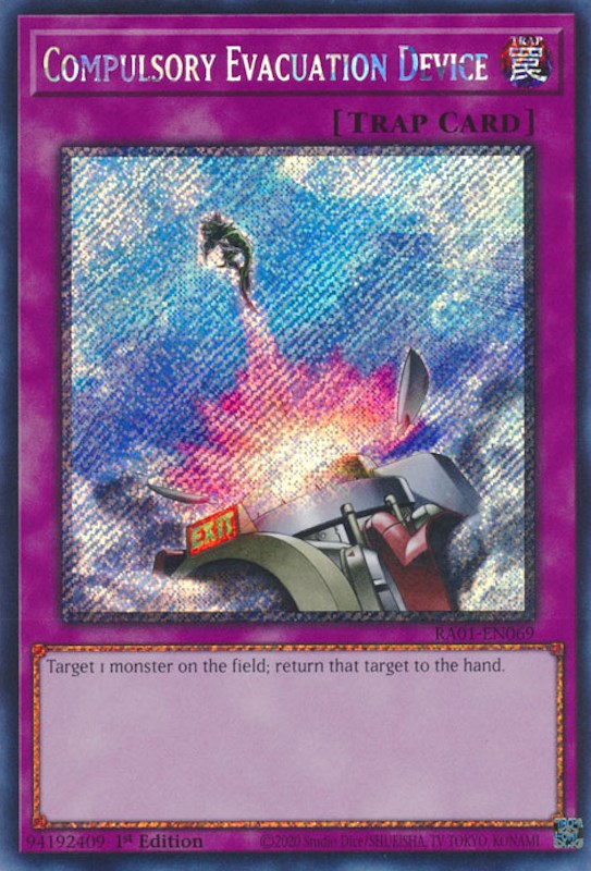 Compulsory Evacuation Device [RA01-EN069] Platinum Secret Rare | The Gaming-Verse