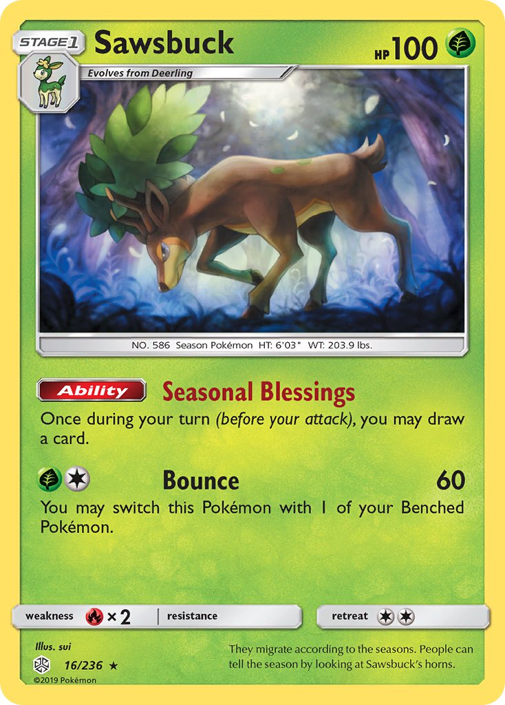 Sawsbuck (16/236) (Prerelease Kit Exclusive) (Theme Deck Exclusive) [Sun & Moon: Cosmic Eclipse] | The Gaming-Verse