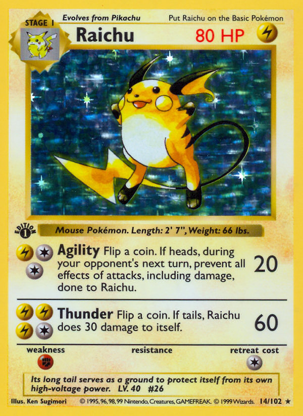 Raichu (14/102) (Shadowless) [Base Set 1st Edition] | The Gaming-Verse