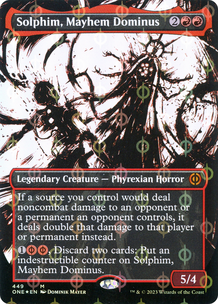 Solphim, Mayhem Dominus (Borderless Ichor Step-and-Compleat Foil) [Phyrexia: All Will Be One] | The Gaming-Verse