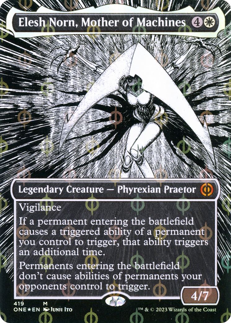 Elesh Norn, Mother of Machines (Borderless Manga Step-and-Compleat Foil) [Phyrexia: All Will Be One] | The Gaming-Verse